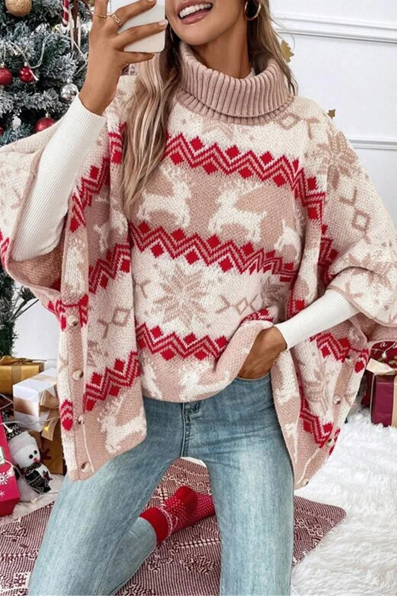 Casual Party Wapiti Snowflakes Weave Contrast Turtleneck Sweaters - Kaedas