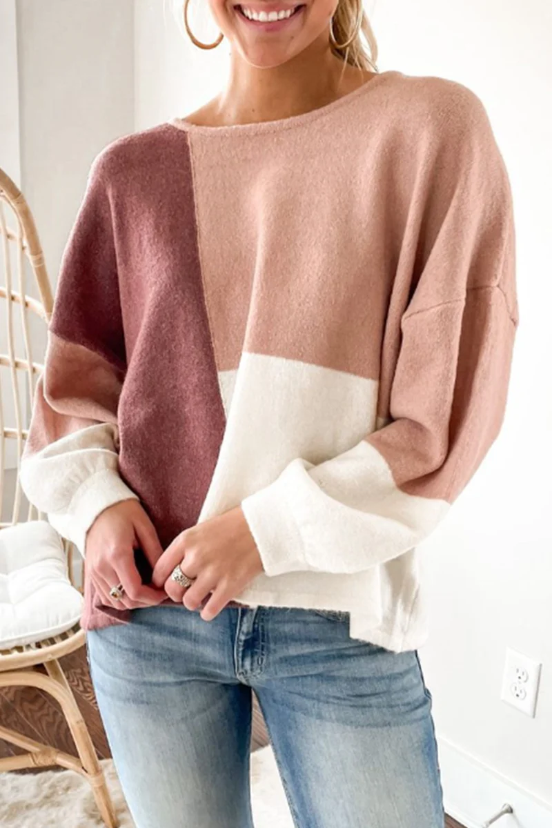 Casual Patchwork  Contrast O Neck Tops Sweater - Kaedas