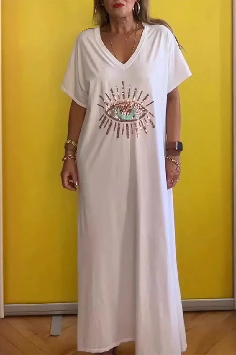 Casual Eyes Print V Neck Short Sleeve Short Sleeve Dress - Kaedas