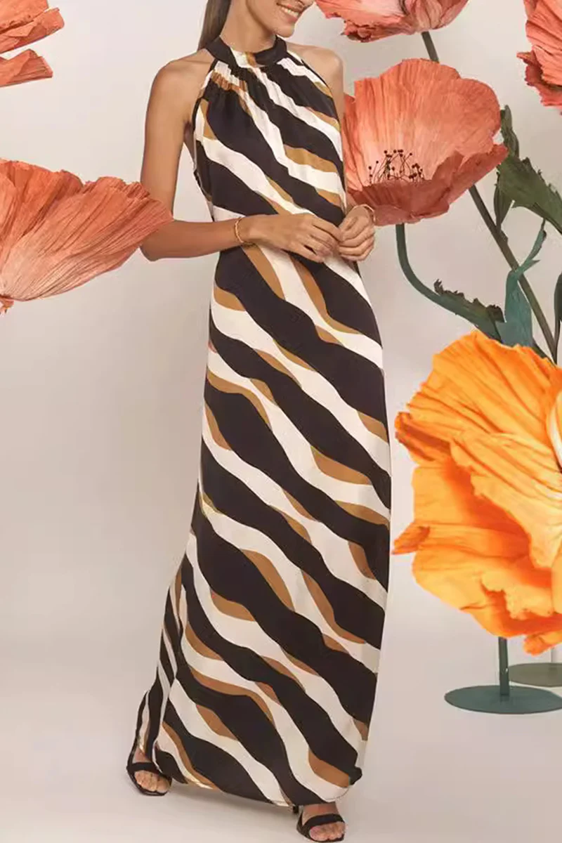 Casual Daily Striped Print Lace Up Contrast Halter One Step Skirt Dresses - Kaedas