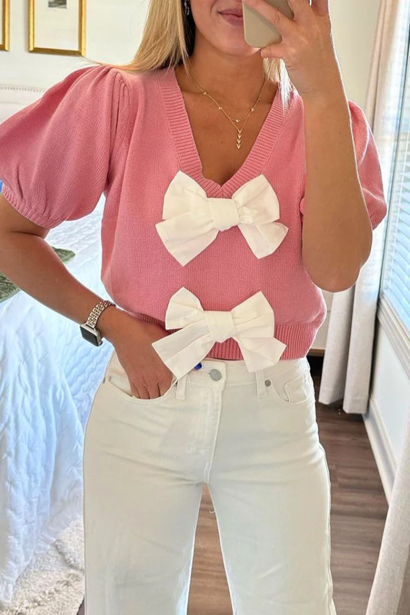 Casual Daily Solid Color Bow Decor V Neck Tops - Kaedas