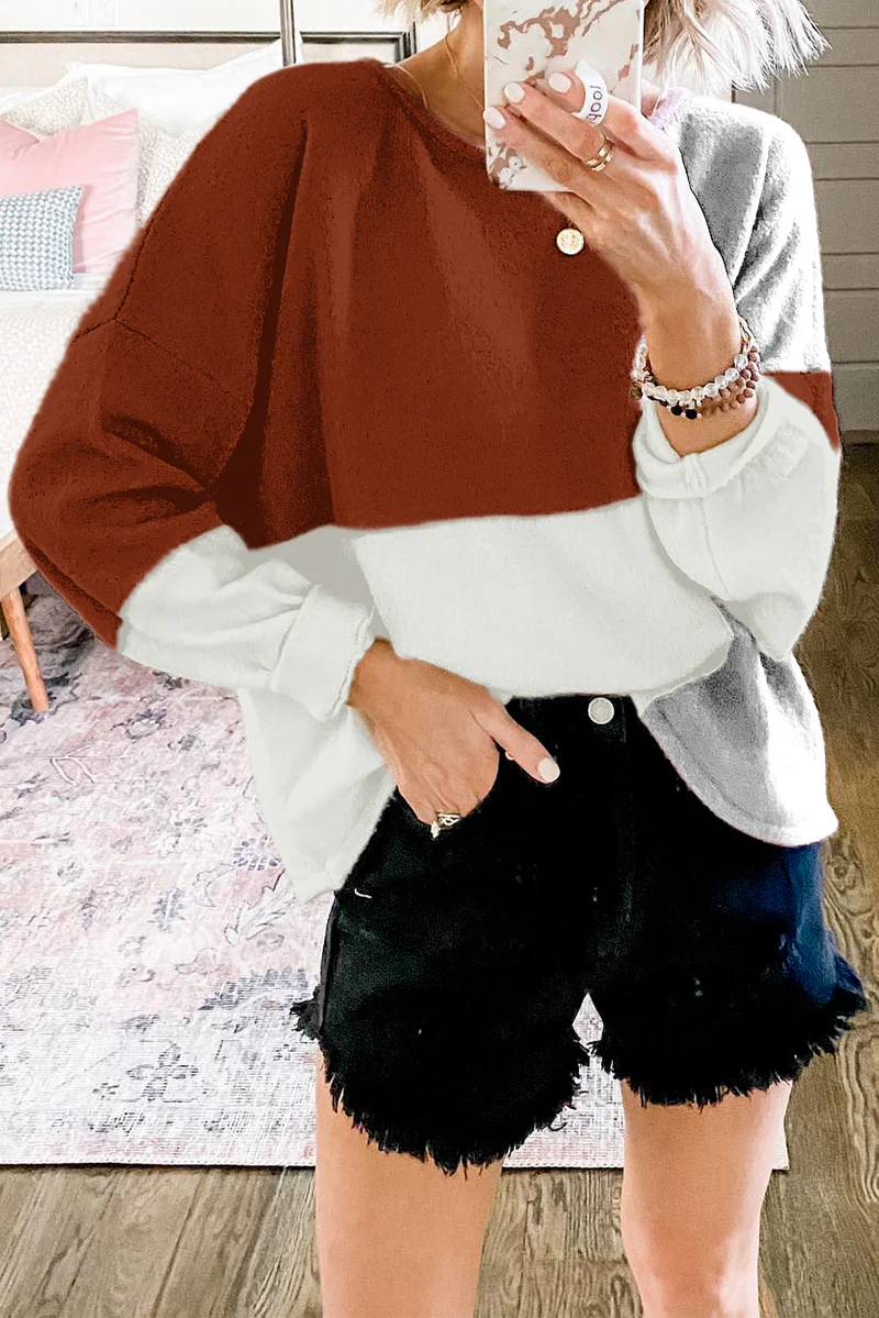 Casual Patchwork  Contrast O Neck Tops Sweater - Kaedas