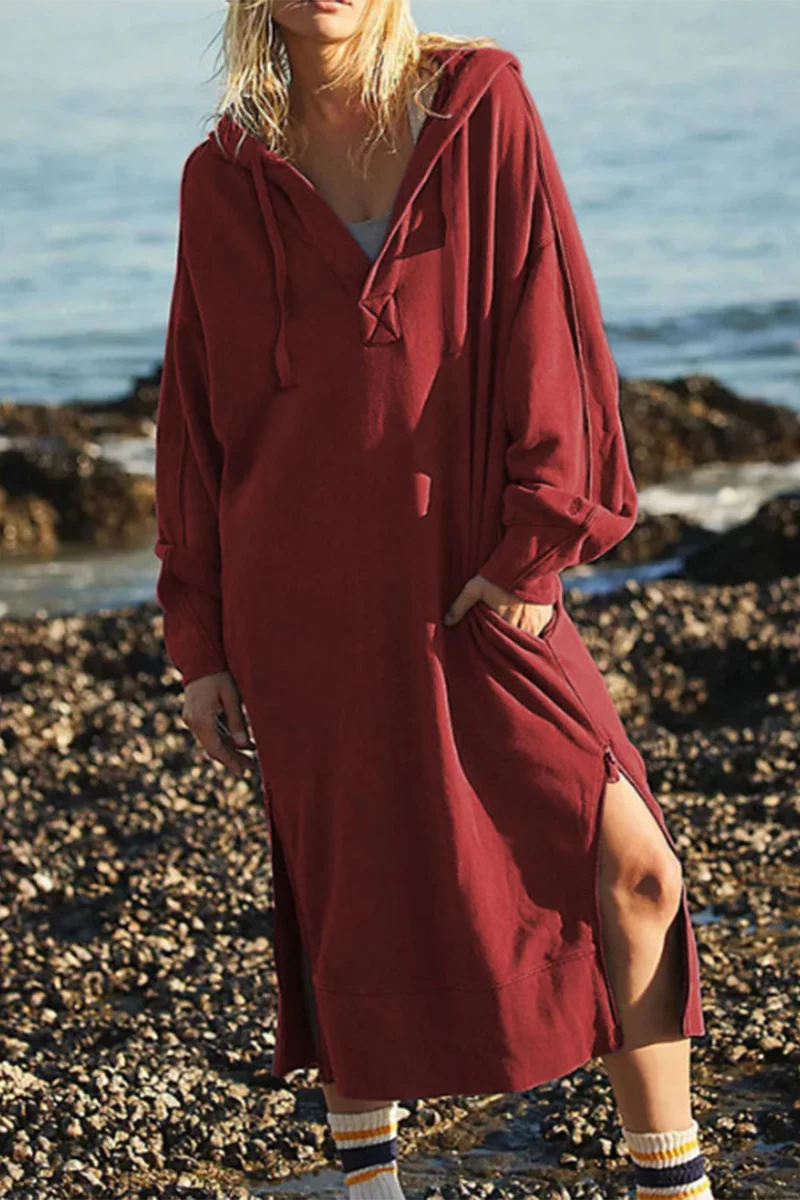 Casual Daily Pocket Slit Hooded Long Sleeve Dresses(4 Colors) - Kaedas
