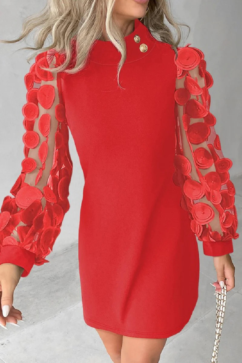 Casual Patchwork Hollowed Out Sequins Half A Turtleneck Long Sleeve Dresses - Kaedas