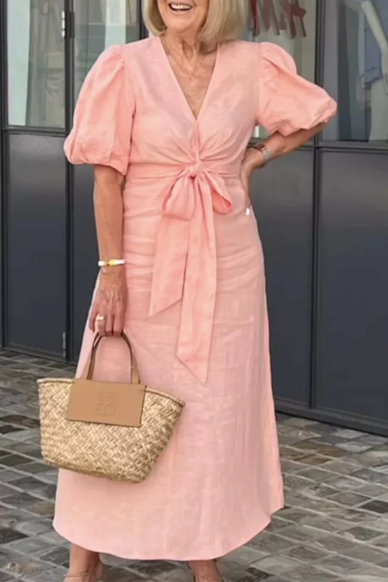 Casual Daily Lace Up V Neck A Line Short Sleeve Dress(7 Colors) - Kaedas