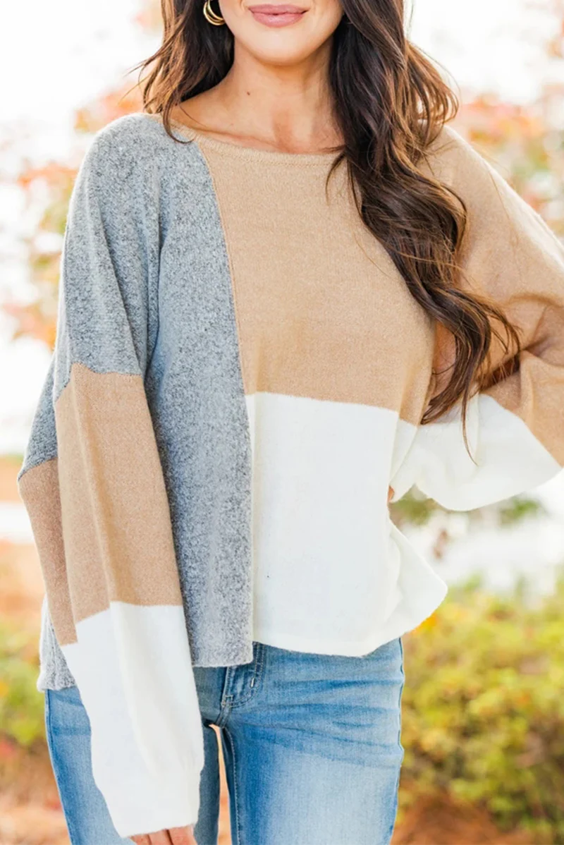 Casual Patchwork  Contrast O Neck Tops Sweater - Kaedas