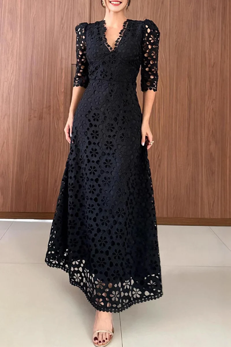 Casual Flowers Hollow Out Zipper V Neck Long Dresses - Kaedas
