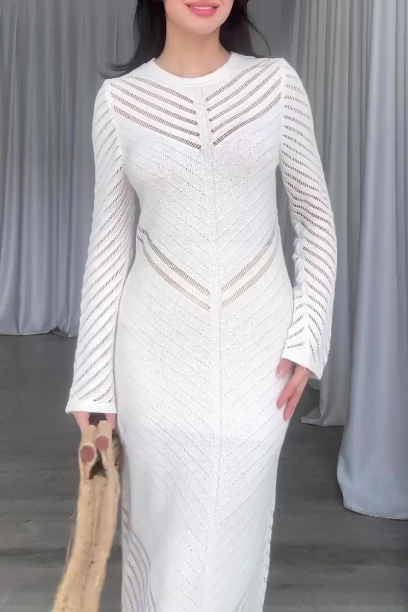 Casual Daily Solid Color Hollow Out Stringy Selvedge O Neck Wrapped Skirt Dresses - Kaedas