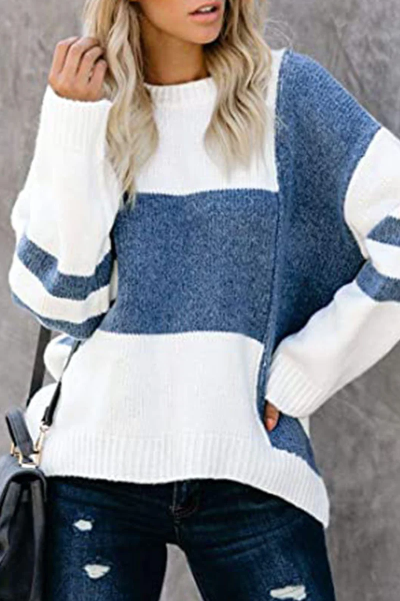 Casual Patchwork  Contrast O Neck Tops Sweater - Kaedas