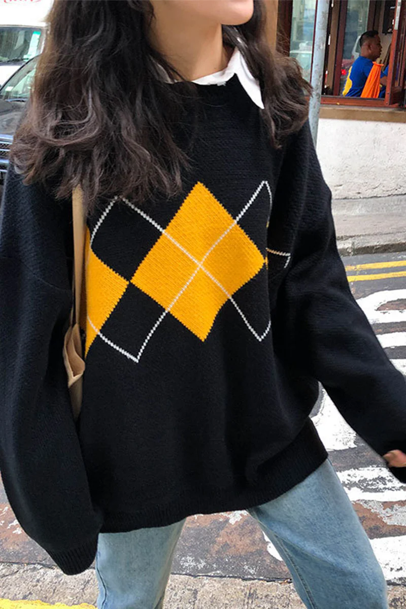 Casual Geometric Patchwork Contrast O Neck Tops Sweater(3 Colors) - Kaedas