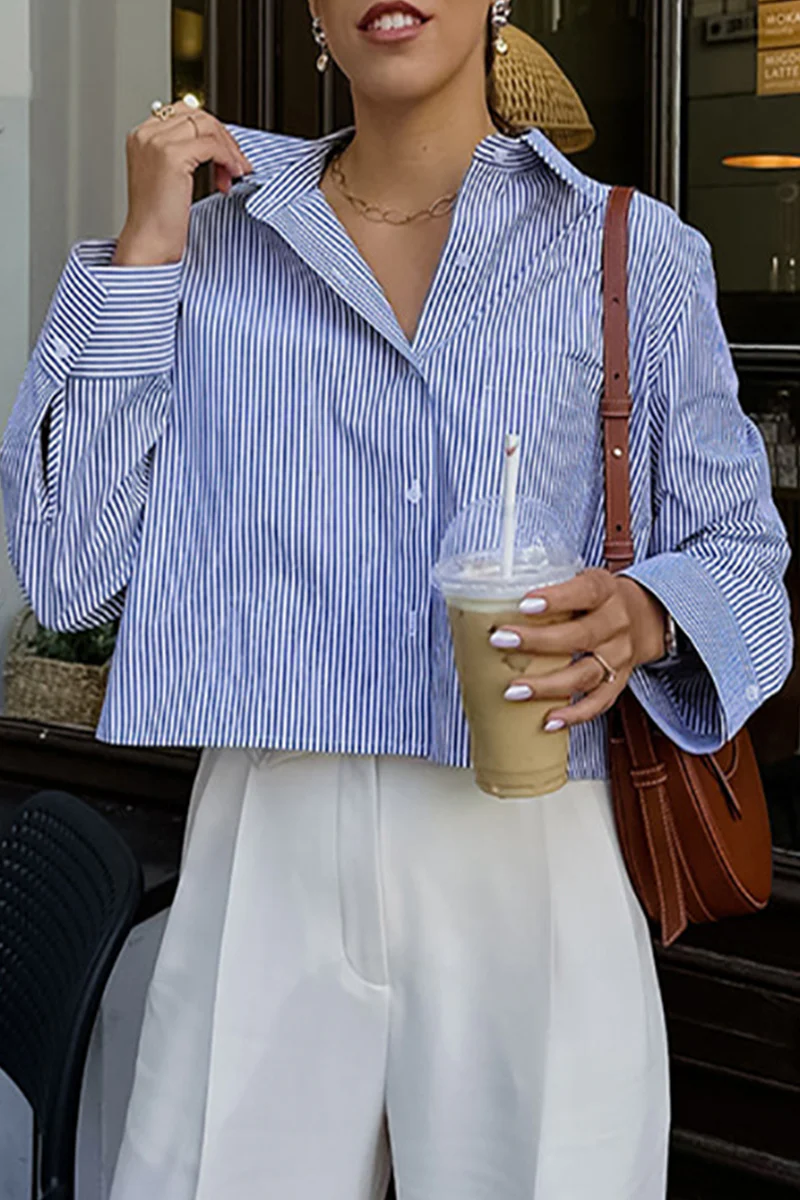 British Style Elegant Striped Patchwork Turndown Collar Tops - Kaedas