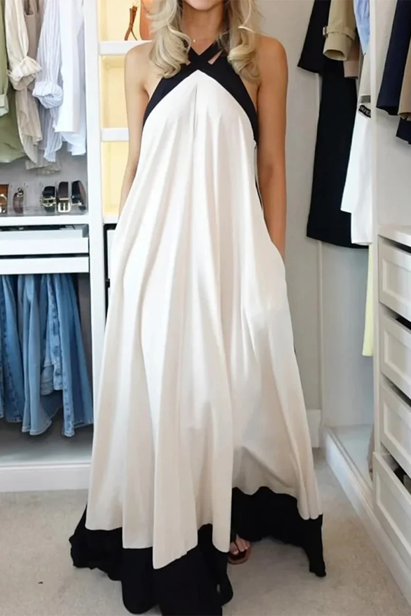 Casual Patchwork Contrast Halter Long Dresses - Kaedas