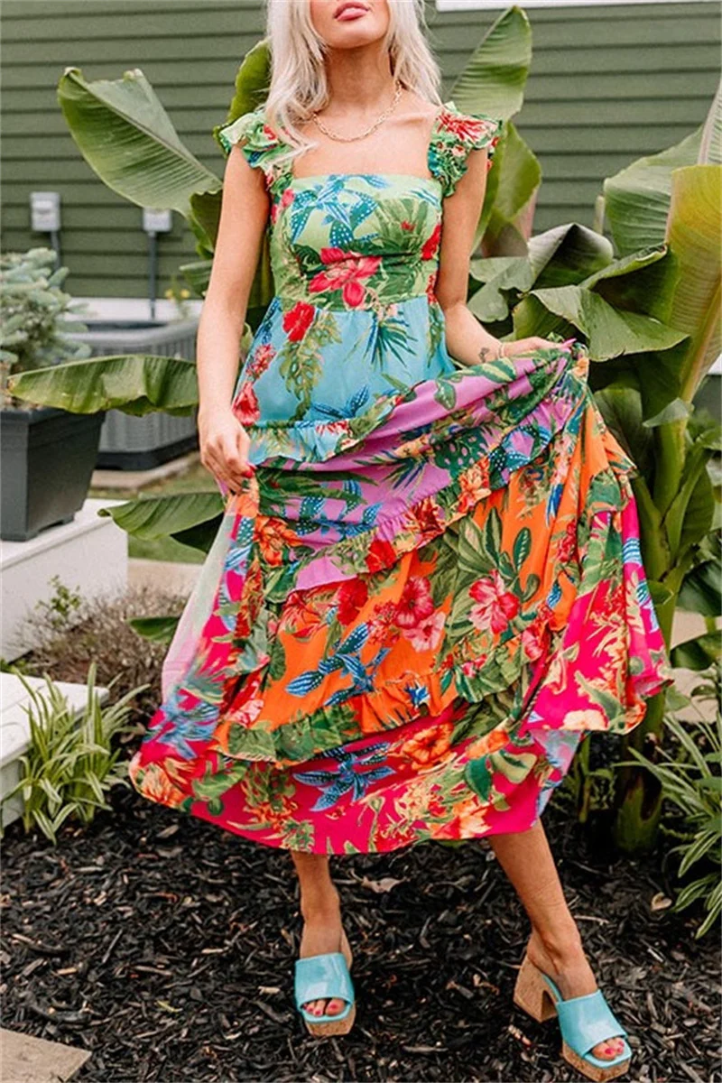 Casual Floral Print Patchwork Backless Square Neck Long Dresses - Kaedas