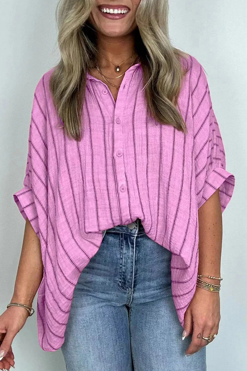 Casual Daily Stripe Buttons Turndown Collar Blouses(8 Colors) - Kaedas