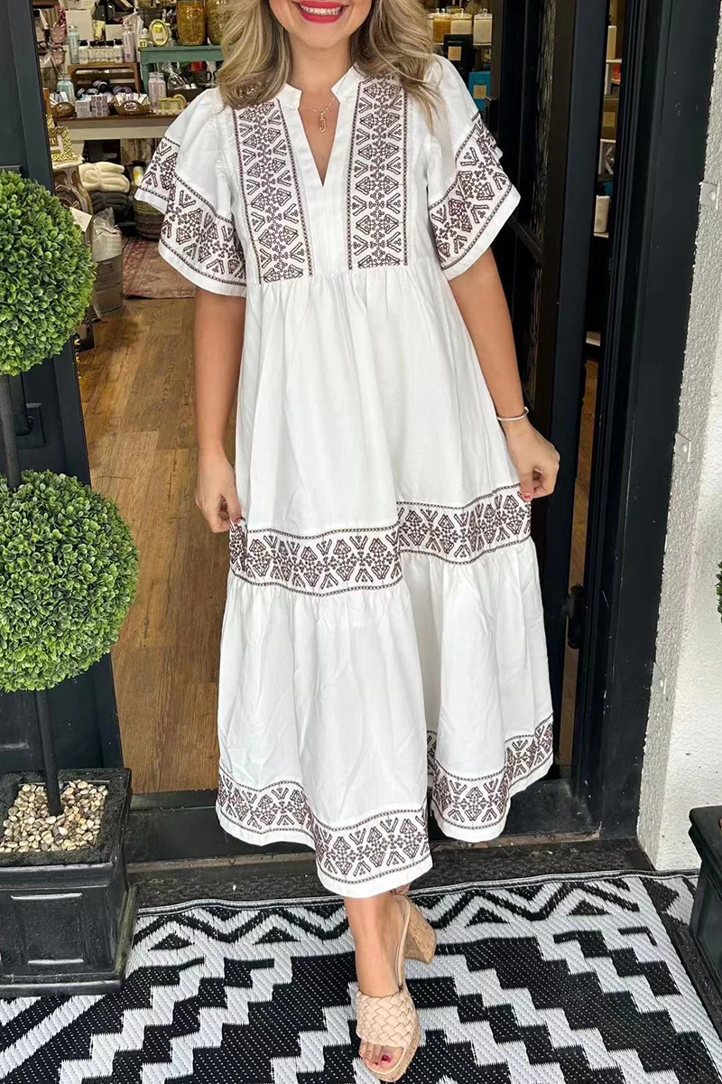 Casual Geometric Print Patchwork V Neck A Line Short Sleeve Dress(7 Colors) - Kaedas