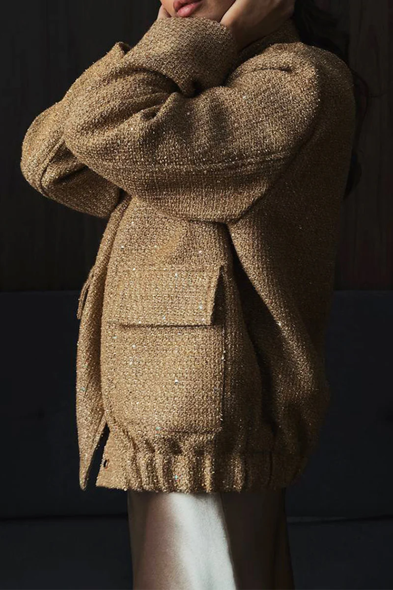 Casual Daily Solid Color Sequins Patchwork Mandarin Collar Outerwear - Kaedas