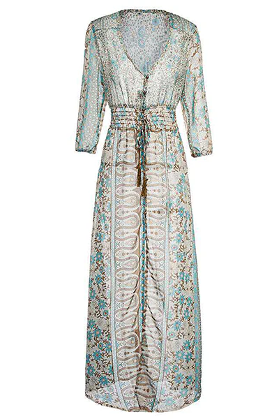 Bohemian Print Frenulum Buckle Slit V Neck Dresses - Kaedas