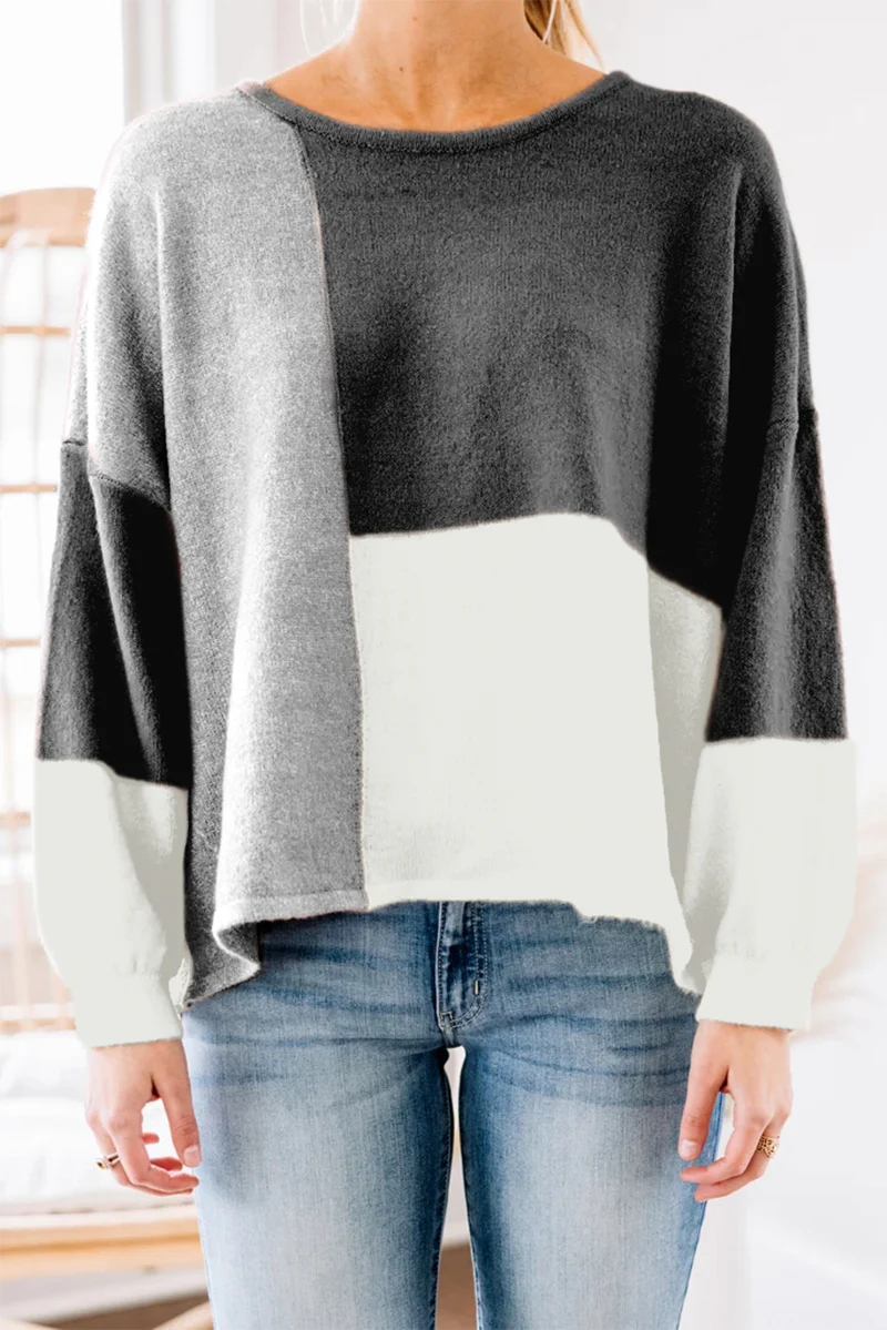 Casual Patchwork  Contrast O Neck Tops Sweater - Kaedas