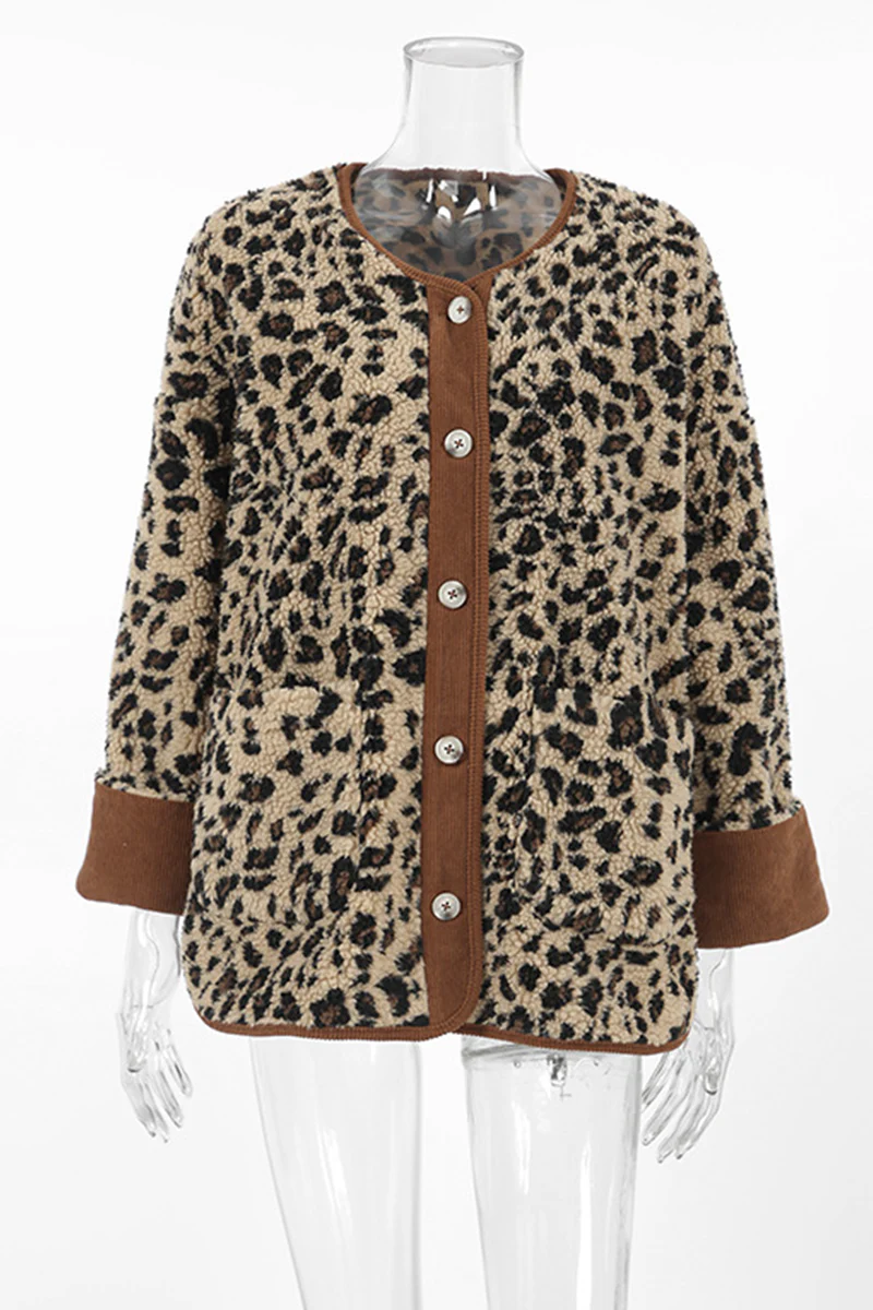 Casual Leopard Pocket Buttons Patchwork O Neck Outerwear - Kaedas