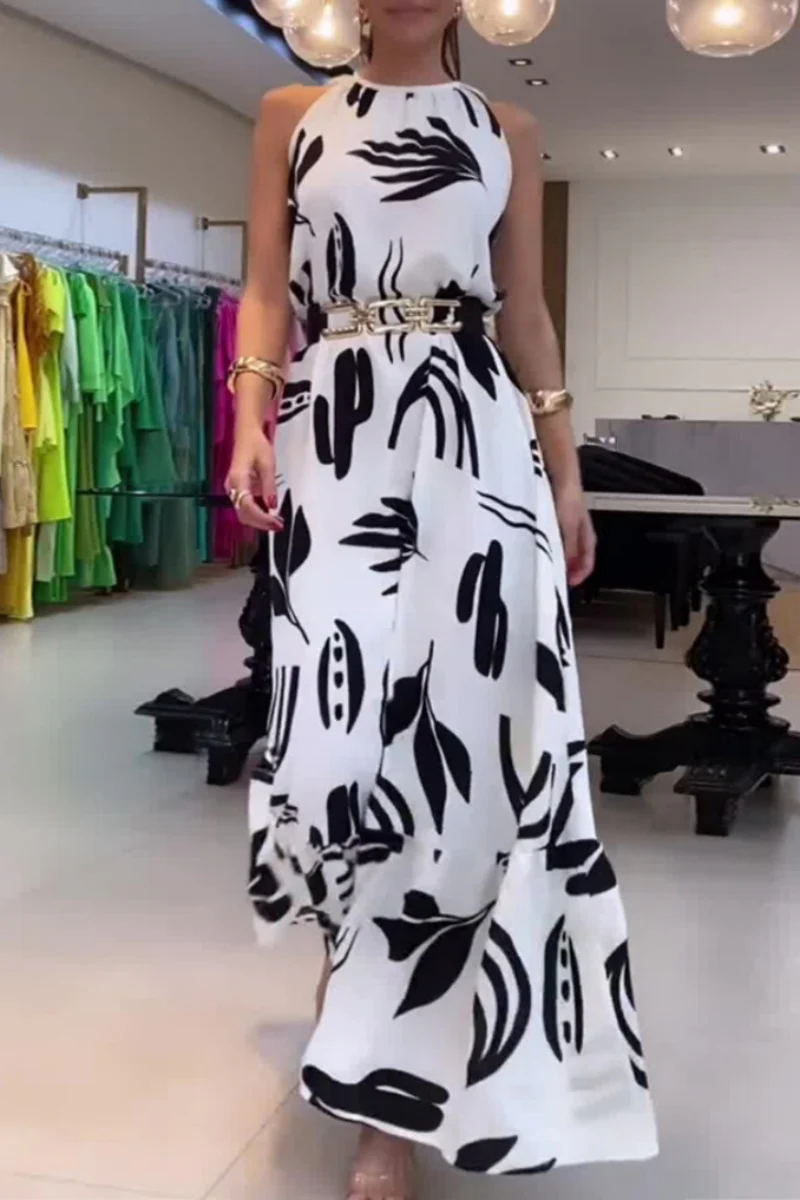 Casual Floral Print Lace Up With Belt O Neck Long Dresses - Kaedas