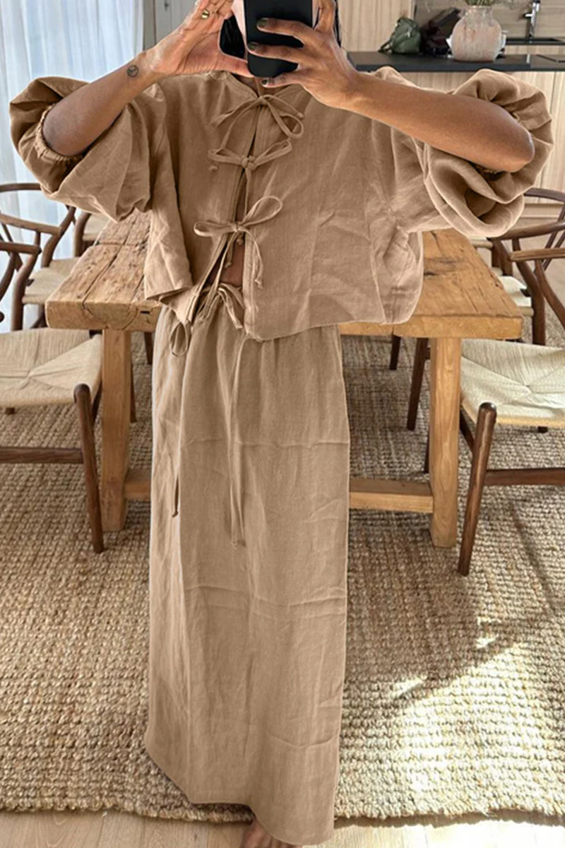 Casual Daily Solid Color Lace Up O Neck Long Sleeve Two Pieces - Kaedas