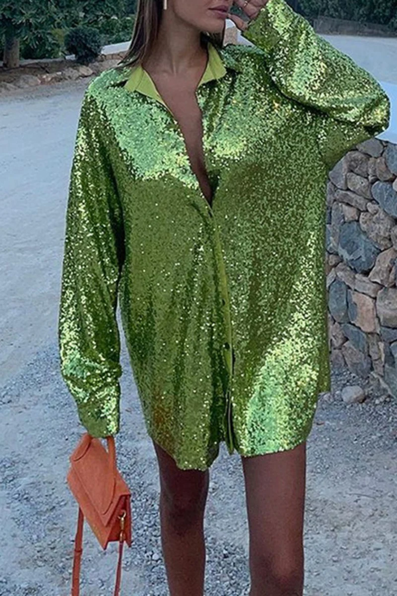 Casual Patchwork Sequins Shirt Collar Tops - Kaedas