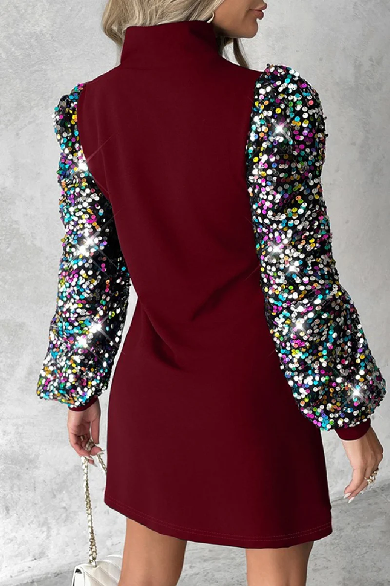 Casual Patchwork Hollowed Out Sequins Half A Turtleneck Long Sleeve Dresses - Kaedas