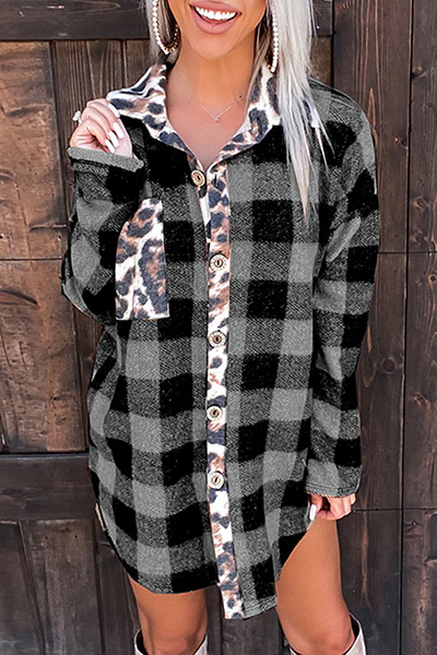 Casual Plaid Leopard Buckle Turndown Collar Tops - Kaedas