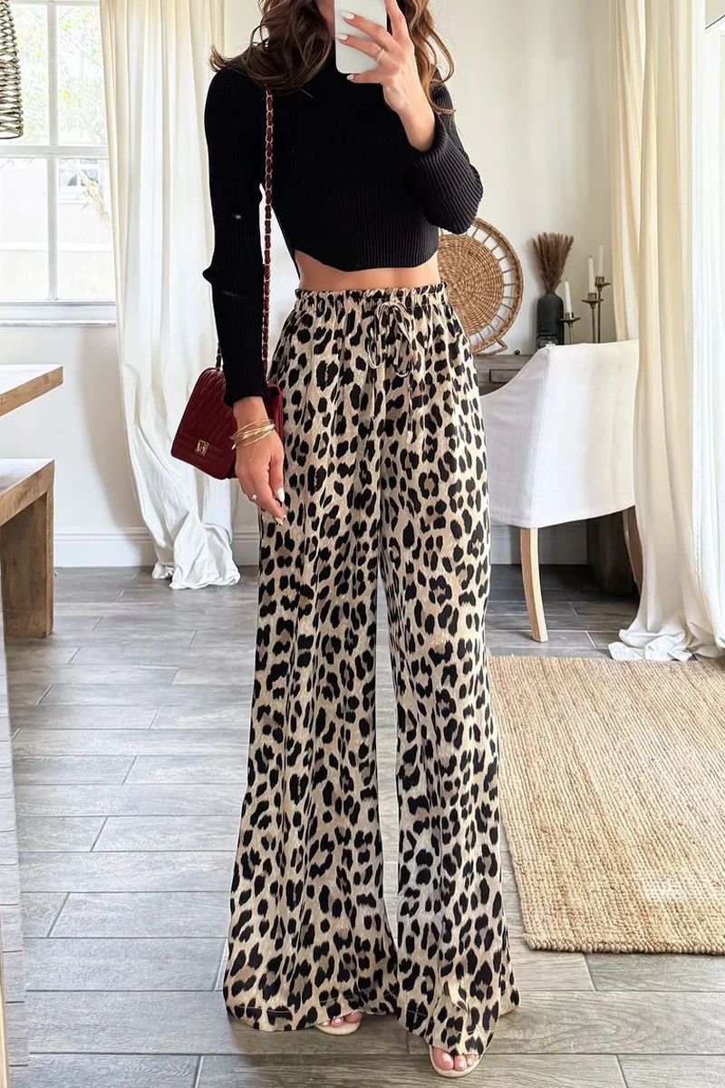 Casual Leopard Pocket Lace Up Loose High Waist Wide Leg Full Print Bottoms - Kaedas