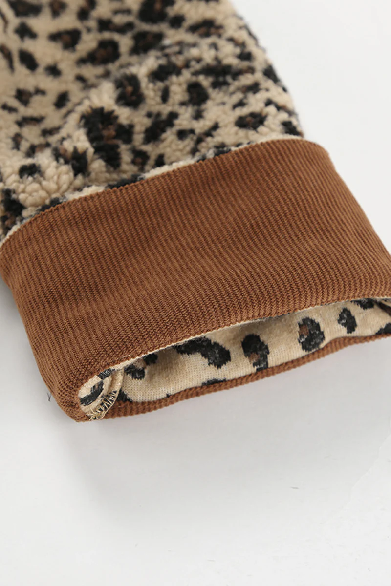 Casual Leopard Pocket Buttons Patchwork O Neck Outerwear - Kaedas