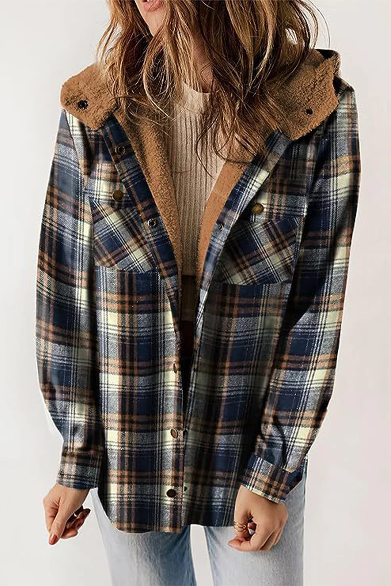 Casual Plaid Pocket Fluffy Contrast Hooded Outerwear(7 Colors) - Kaedas