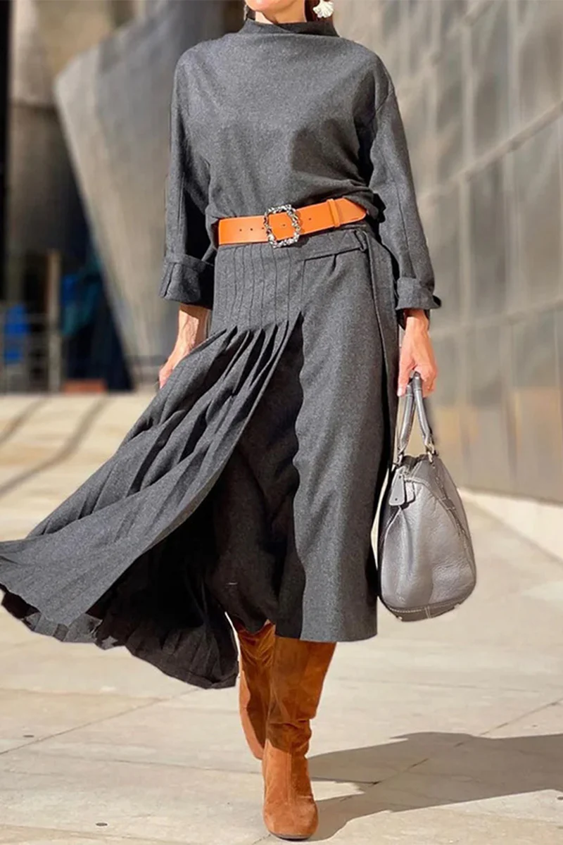 Casual British Style Leopard Fold Without Belt O Neck Waist Skirt Dresses(No Belt) - Kaedas