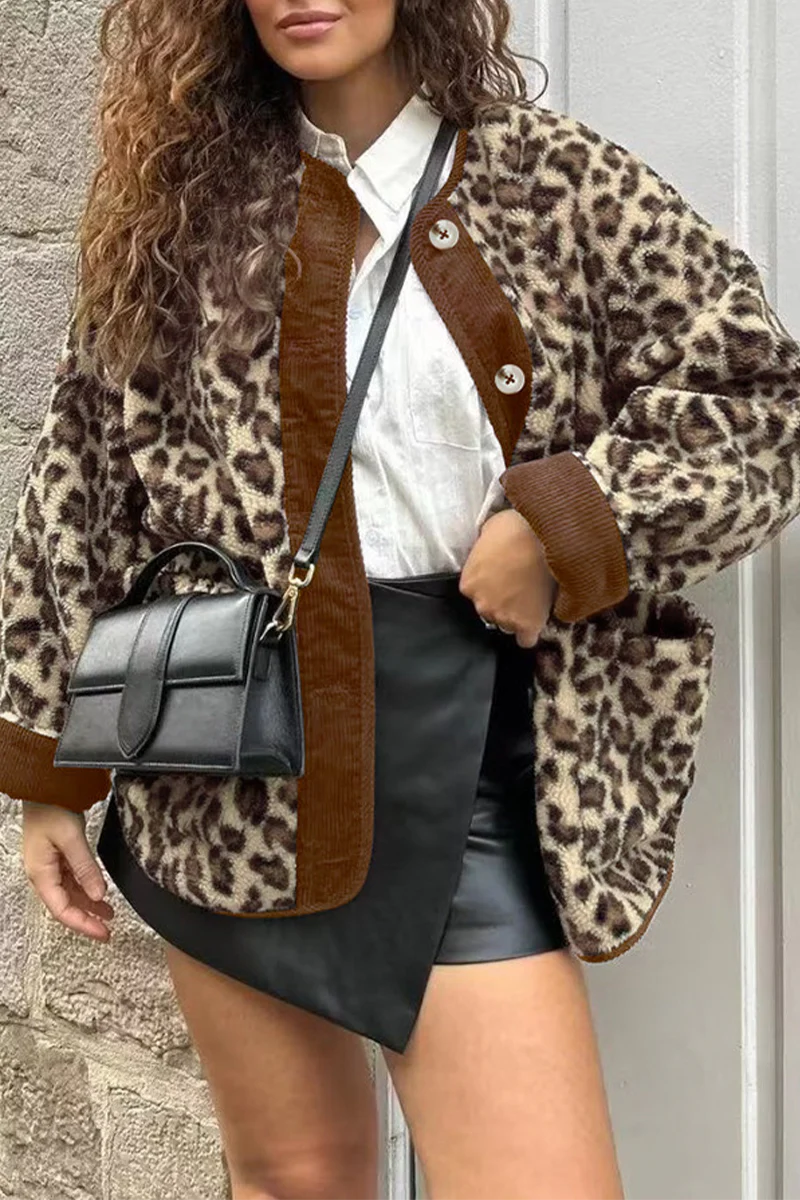 Casual Leopard Pocket Buttons Patchwork O Neck Outerwear - Kaedas
