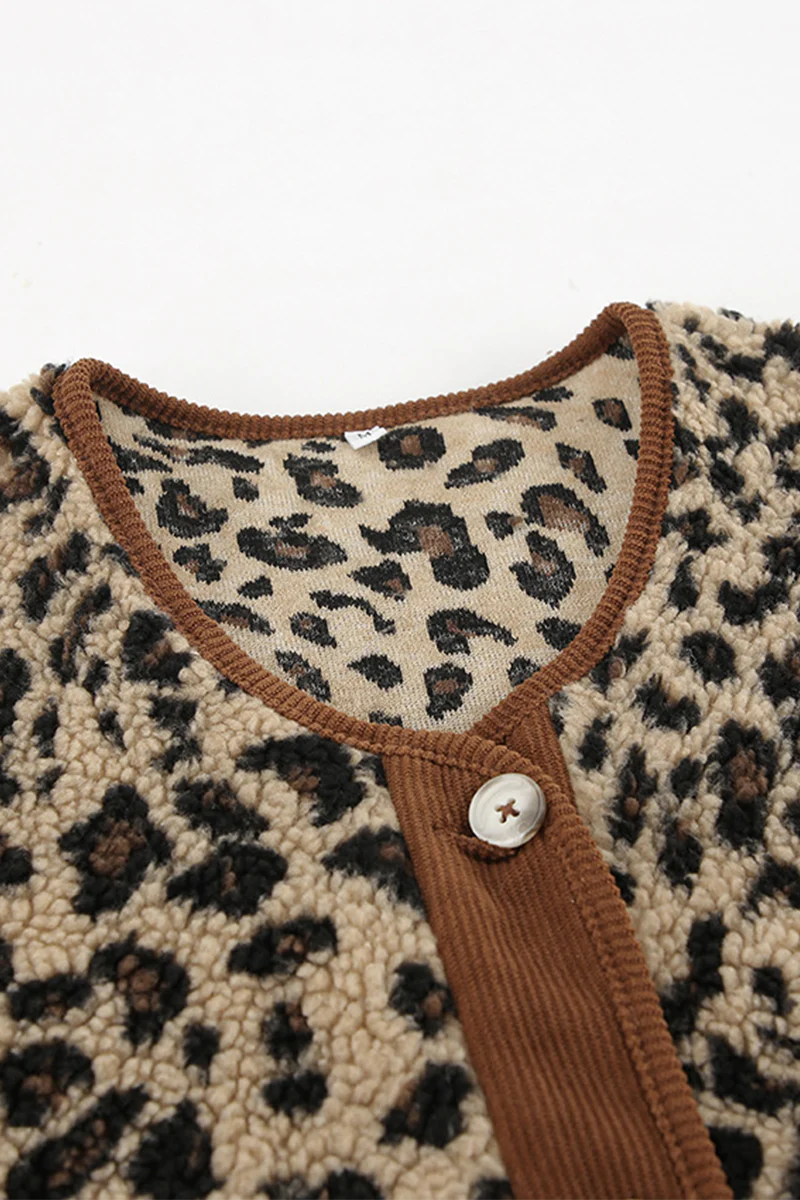 Casual Leopard Pocket Buttons Patchwork O Neck Outerwear - Kaedas