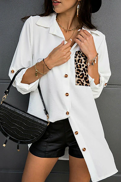 Casual Leopard Split Joint Buckle Turndown Collar Tops - Kaedas