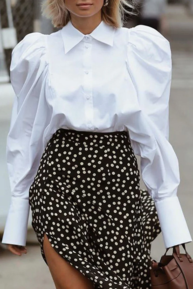 British Style Elegant Solid Fold Turndown Collar Tops - Kaedas