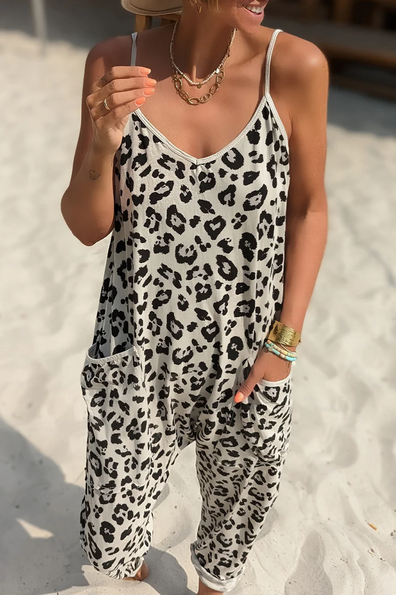 Casual Leopard Pocket Printing V Neck Loose Jumpsuits - Kaedas