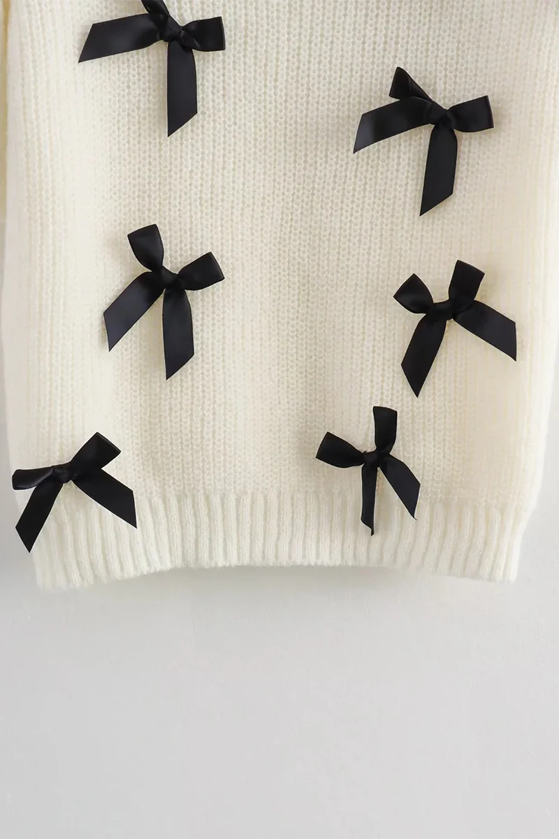 Casual Bow Patchwork Contrast O Neck Sweaters - Kaedas