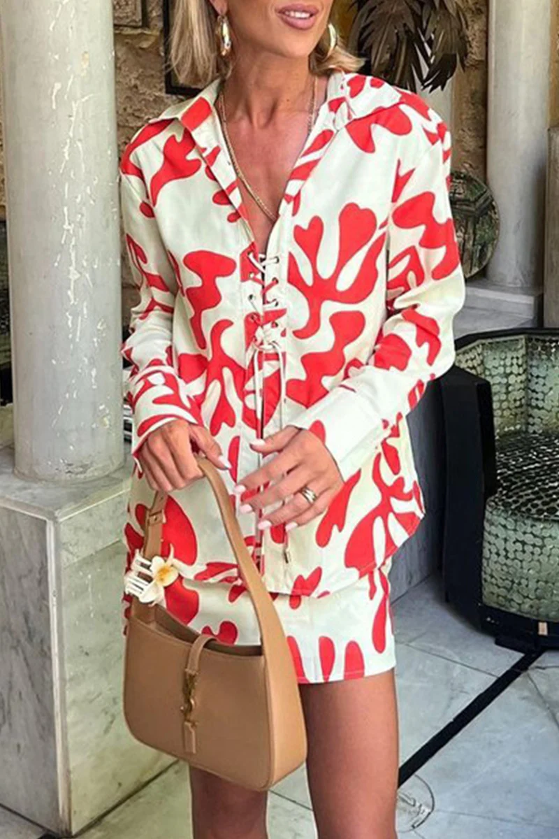 Casual Floral Patchwork Turndown Collar Long Sleeve Two Pieces - Kaedas