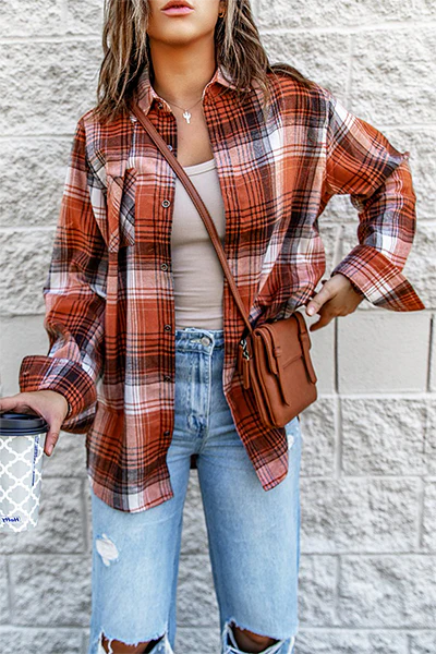 Casual Plaid Patchwork Buckle Turndown Collar Blouses - Kaedas