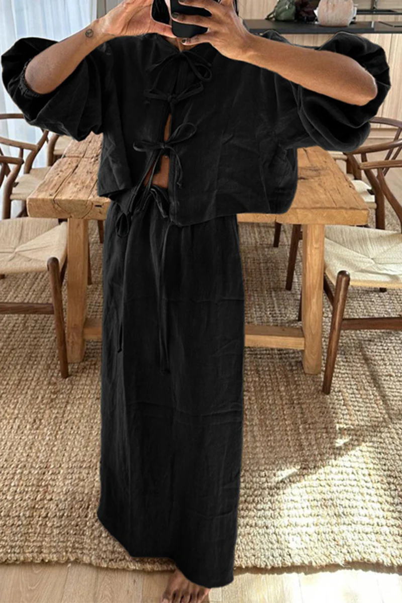 Casual Daily Solid Color Lace Up O Neck Long Sleeve Two Pieces - Kaedas