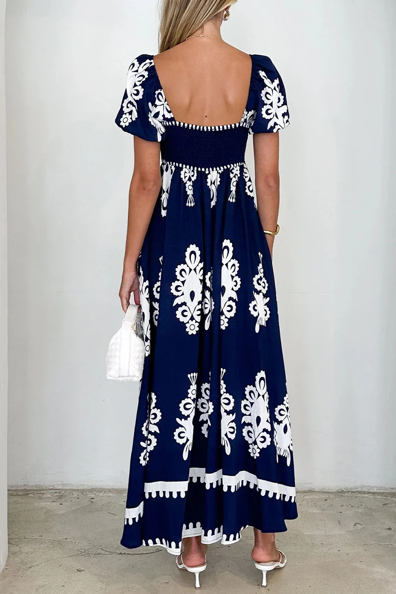 Casual Geometric Print Pocket Contrast Square Neck A Line Short Sleeve Dress - Kaedas