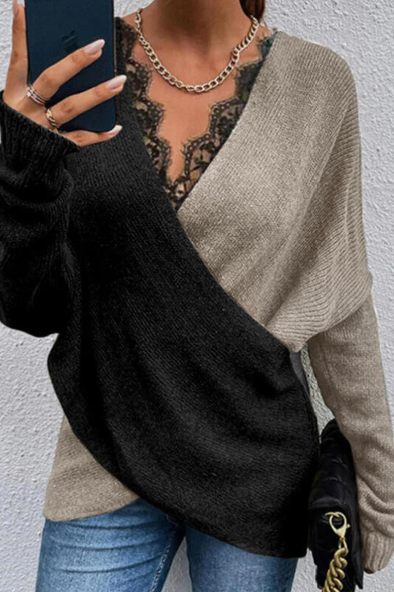 Casual Patchwork Lace Contrast V Neck Sweaters(3 Colors) - Kaedas