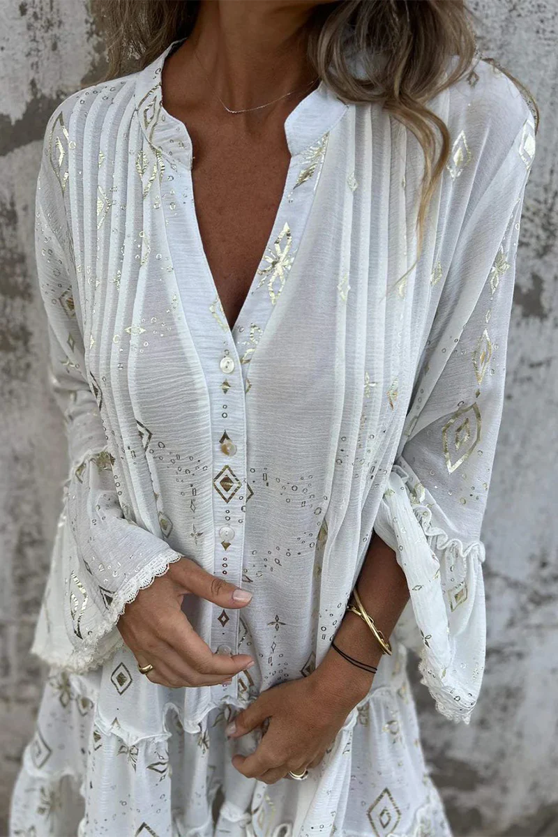 Casual Bronzing Pattern Patchwork Ruffle Contrast Button Collar A Line Dresses - Kaedas