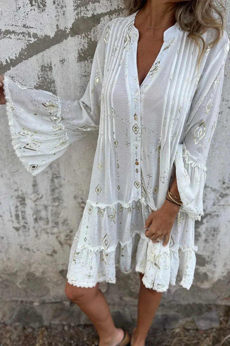 Casual Bronzing Pattern Patchwork Ruffle Contrast Button Collar A Line Dresses - Kaedas