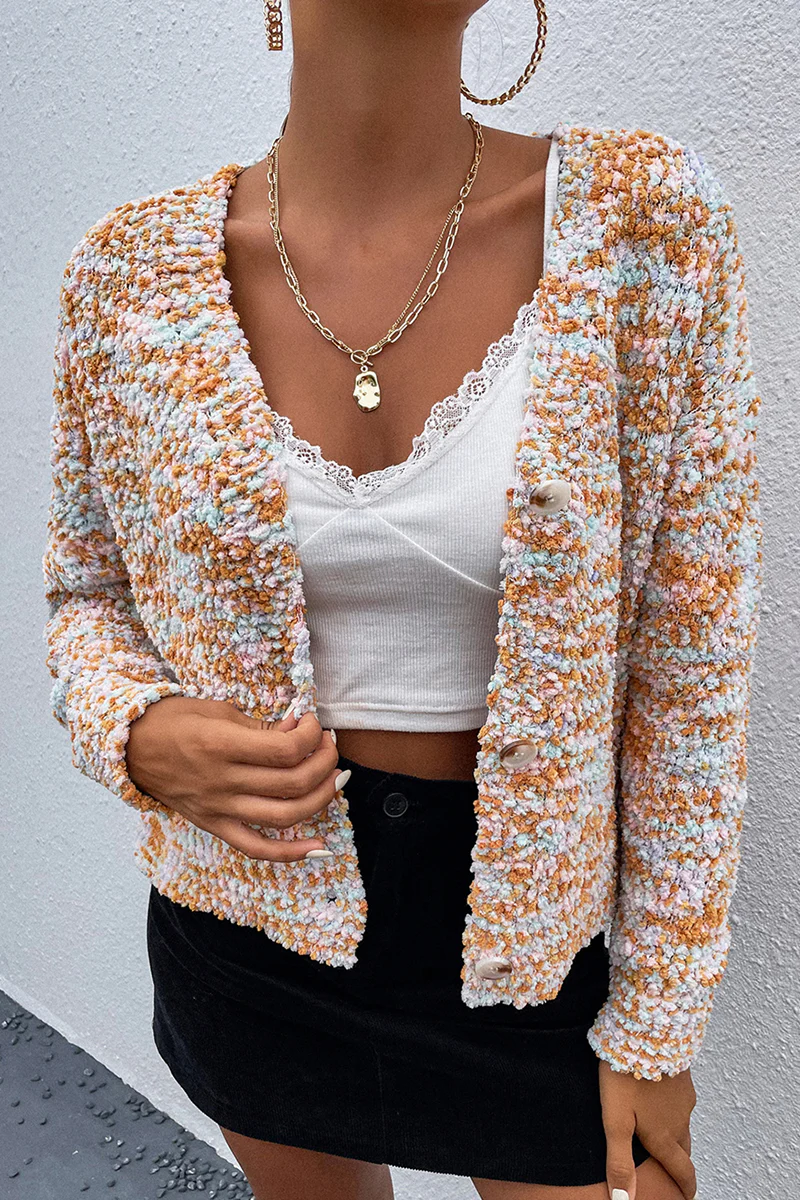 Casual Patchwork Buckle V Neck Tops Sweater - Kaedas