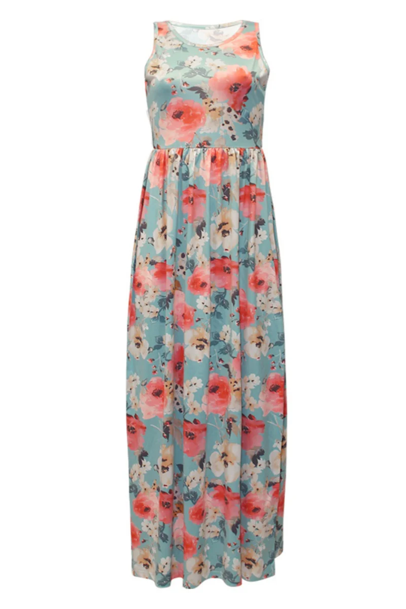 Casual Floral Print Basic O Neck Long Dresses - Kaedas