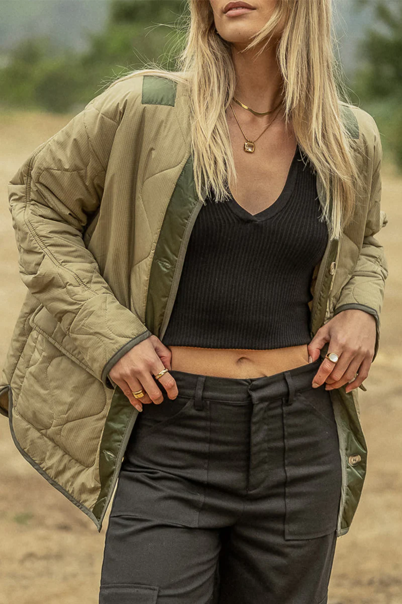 Casual Color Block Buckle Contrast O Neck Outerwear - Kaedas