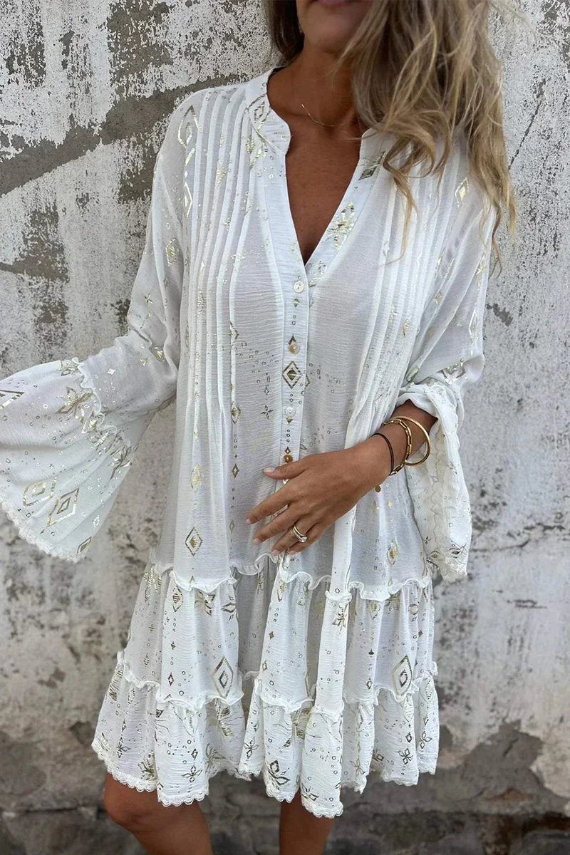 Casual Bronzing Pattern Patchwork Ruffle Contrast Button Collar A Line Dresses - Kaedas