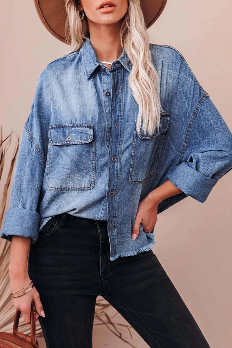 Casual Daily Gradient Color Pocket Contrast Turndown Collar Blouses - Kaedas